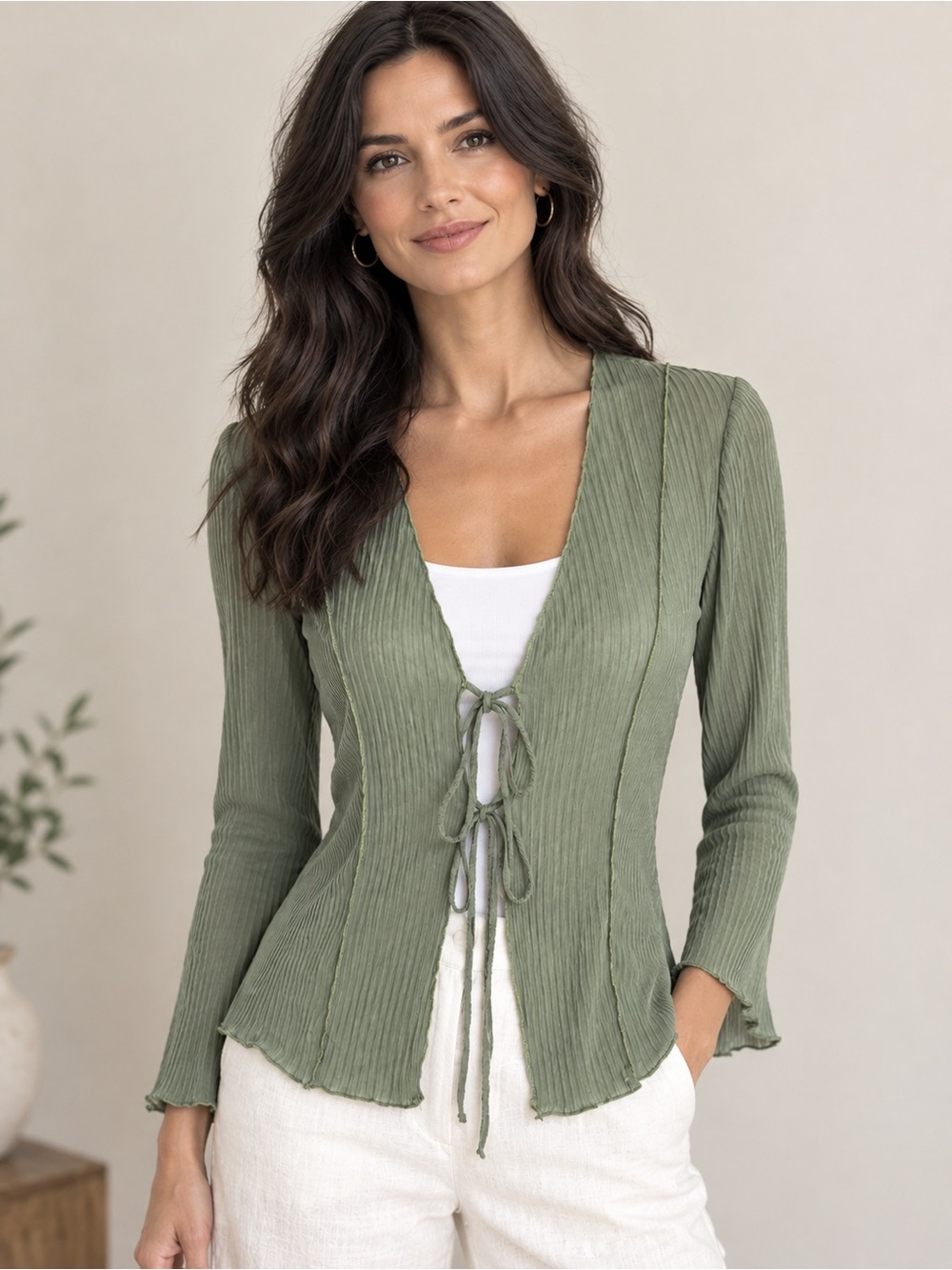 New Zara tie-front semi-sheer plissé cardigan blouse celery green lightweight M